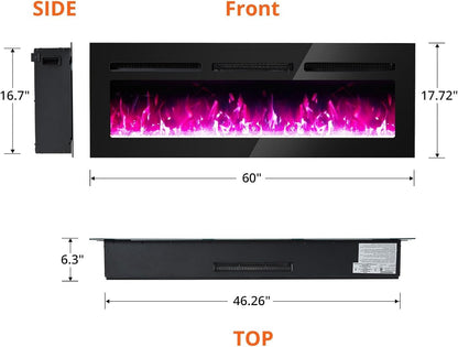 60" Electric Fireplace Wall Mounted and Recessed with Remote Control, 750W/1500W Fireplace Heater 8H Timer with Adjustable Multicolor Flame, Touch Screen & Low Noise, Black