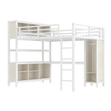 Bellemave Queen Loft Bed with Desk & Wardrobe, Heavy Duty Metal Loft Beds with Storage Shelves, Space Saving Loft Bed Queen Size with Safety Guard, White Wood Grain Bellemave