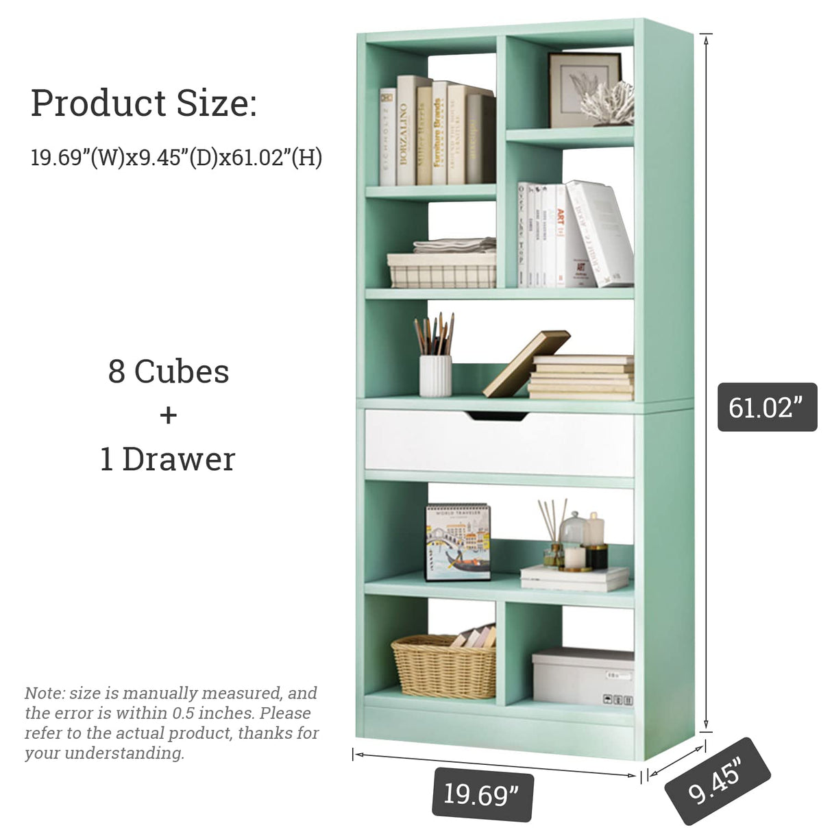 IOTXY Wooden Open Shelf Bookcase - 61 Inches Height Freestanding Display Storage Cabinet Organizer with 8 Cubes and a Drawer, Floor Standing Bookshelf in Tiffany-Green IOTXY