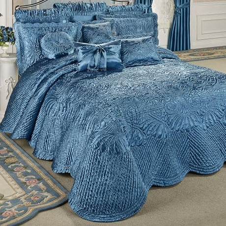 Touch of Class Portia Luxury Bedding | Rich Sapphire Blue | Premier Quilted Polyester Satin | Hand Guided Machine Quilted Scroll Design 3 Piece Set: Full Oversized Bedspread & 2 Standard Shams Touch of Class