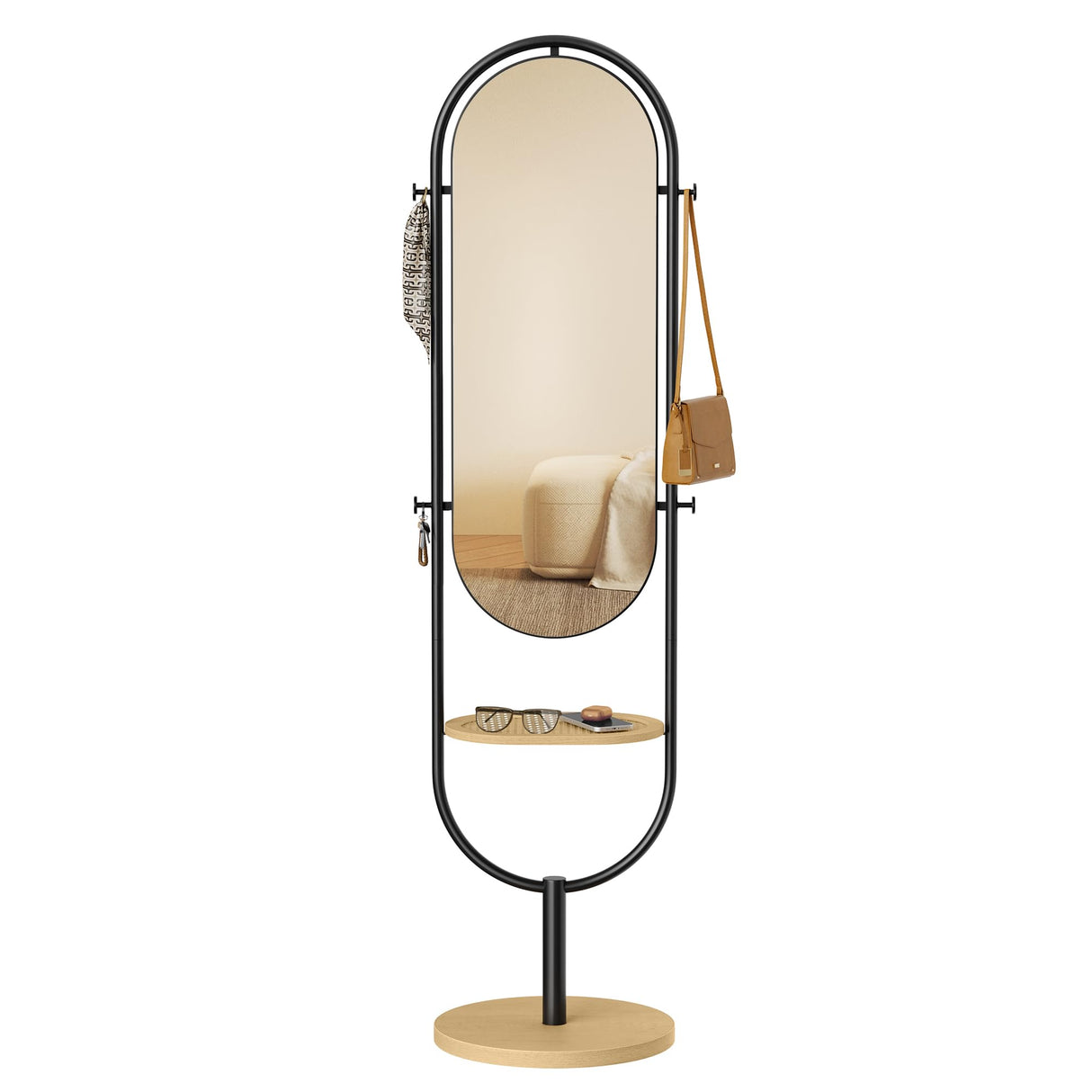 SONGMICS Full-Length Floor Mirror, 3-in-1, Modern Standing Full Body Mirror, Inspired by Original Award-Winning Design, 16.5 x 18.9 x 68.9 Inches, Living Room, Bedroom, Oak Beige and Ink Black SONGMICS