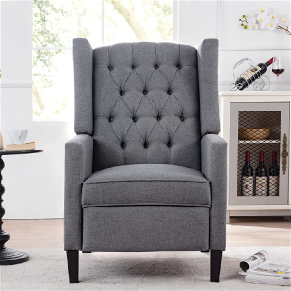 Arm Pushing Recliner Chair, Modern Button Tufted Wingback Manual Push Back Recliner Chair with Nailhead Trim & Wood Legs, Upholstered Living Room Chair Single Reclining Sofa Home Theater Seating Grey LLS