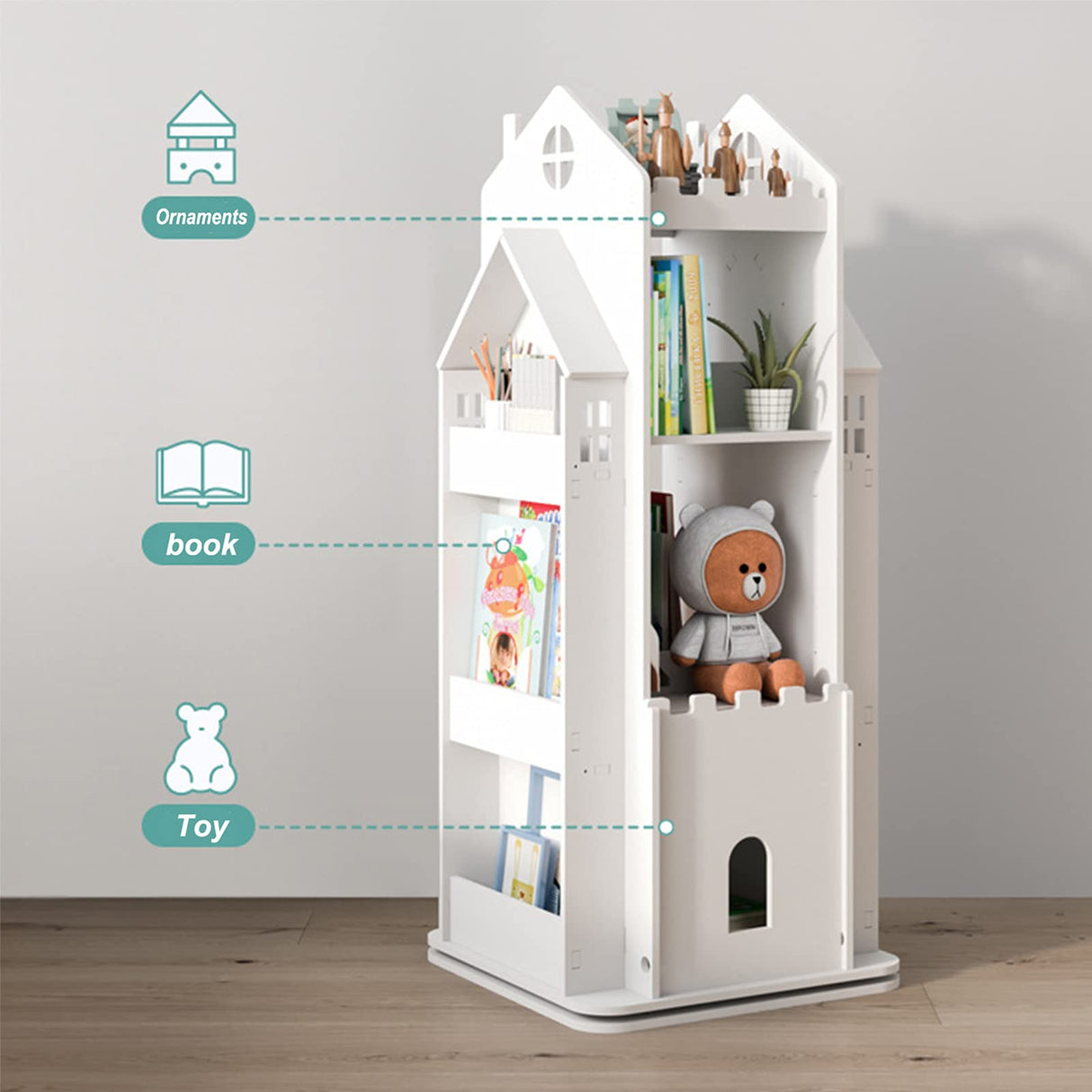 Multi-Functional 360° Rotating Children's Bookshelf - White Floor Stand Storage Rack oxskk