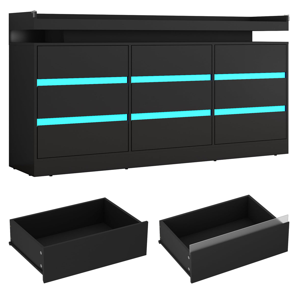 Hlivelood 9 Drawer Dresser with Power Outlet & LED Light, Modern Chest of Drawers for Closet Modern Large Dresser Organizer Cabinet for Bedroom, Living Room, Black Hlivelood