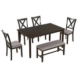Merax 6-Piece Wooden Kitchen Dining Table Set with 4 Fabric Chairs and Bench, Family Furniture, Espresso Merax