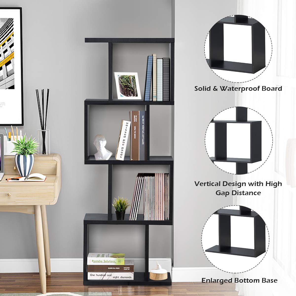 Giantex Modern S-Shaped 4-Tier Bookshelf - Stylish Free-Standing Storage Rack in Black - WoodArtSupply