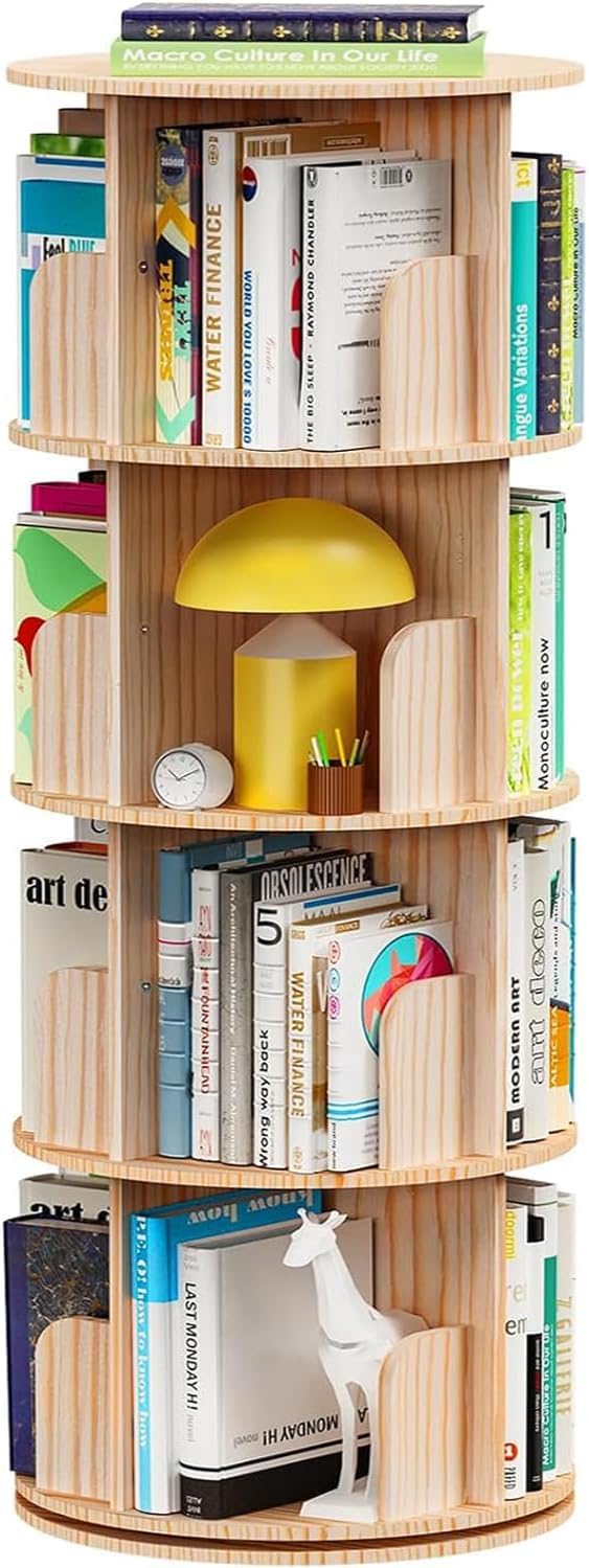 Rotating Bookshelf Tower – 4 Tier Wooden Book Shelf, Small Narrow Spinning Bookcase for Kids Rooms, Corner Bookshelf Organizer for Kids Books and Home Storage Kinembold