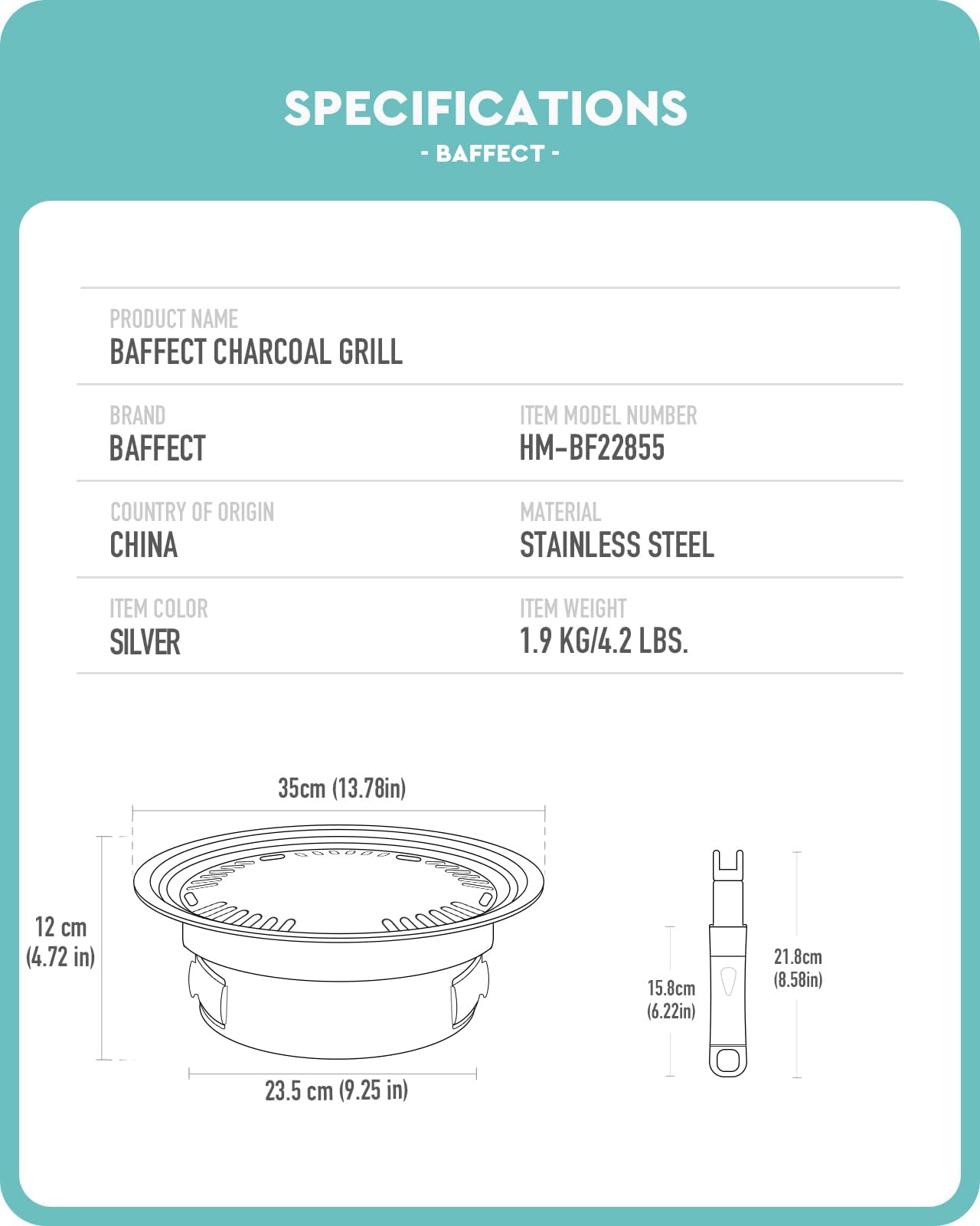 Baffect BBQ Charcoal Grill, 13.7 inch Non-stick Stainless Steel Korean Barbecue Grill, Portable Charcoal Stove for Outdoors Camping Picnic and Indoor Party Cooking