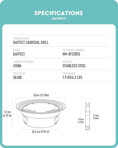 Baffect BBQ Charcoal Grill, 13.7 inch Non-stick Stainless Steel Korean Barbecue Grill, Portable Charcoal Stove for Outdoors Camping Picnic and Indoor Party Cooking