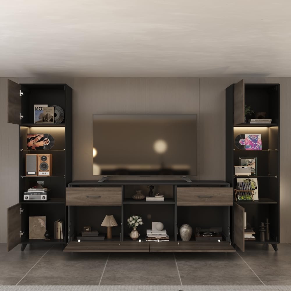 WOODTIME 3-Piece Large TV Stand with Lights and Bookshelves for TVs up to 70", Wall Unit Entertainment Center Media Console for Living Room & Home Theater WOODTIME