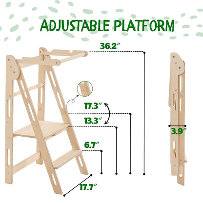 YK KIDS, Foldable Toddler Tower, Step Stool for Kids, Foldable Kitchen Tower for Kids, Step Stool with Safety Rail, Montessori Child Standing Tower (Natural)