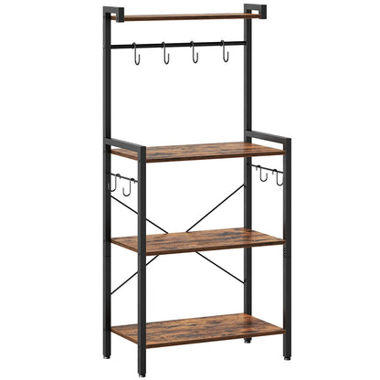 HOOBRO Bakers Rack for Kitchen with Storage, 4 Tier Microwave Stand, Multifunctional Baker's Rack with 8 Hooks, Wooden Kitchen Storage Shelf, Stable Metal Frame, Easy Assembly, Rustic Brown BF04HB01