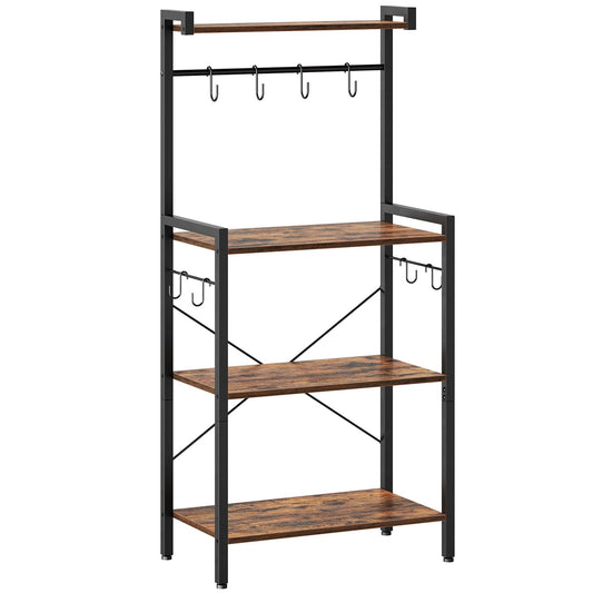 HOOBRO Bakers Rack for Kitchen with Storage, 4 Tier Microwave Stand, Multifunctional Baker's Rack with 8 Hooks, Wooden Kitchen Storage Shelf, Stable Metal Frame, Easy Assembly, Rustic Brown BF04HB01