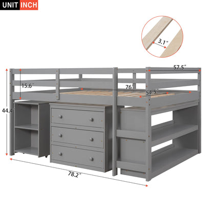 Solid Wood Full-Size Low Loft Bed with Integrated Desk, Cabinet, and Bookshelf in Pure Gray - WoodArtSupply