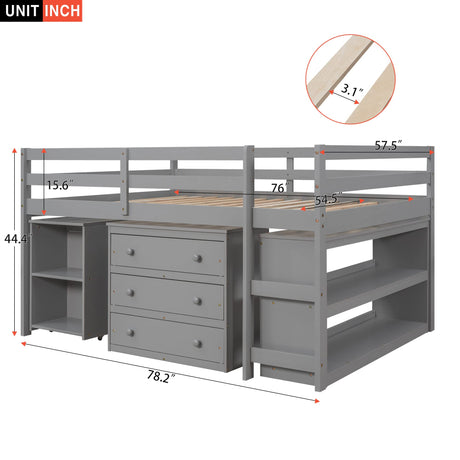 Solid Wood Full-Size Low Loft Bed with Integrated Desk, Cabinet, and Bookshelf in Pure Gray Merax
