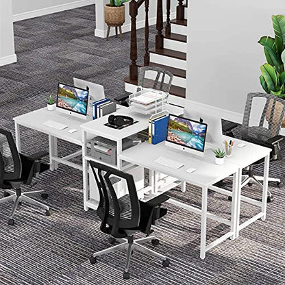 Tribesigns 96.9" Double Computer Desk with Printer Shelf, Extra Long Two Person Desk Workstation with Storage Shelves, Large Office Desk Study Writing Table for Home Office, White - WoodArtSupply