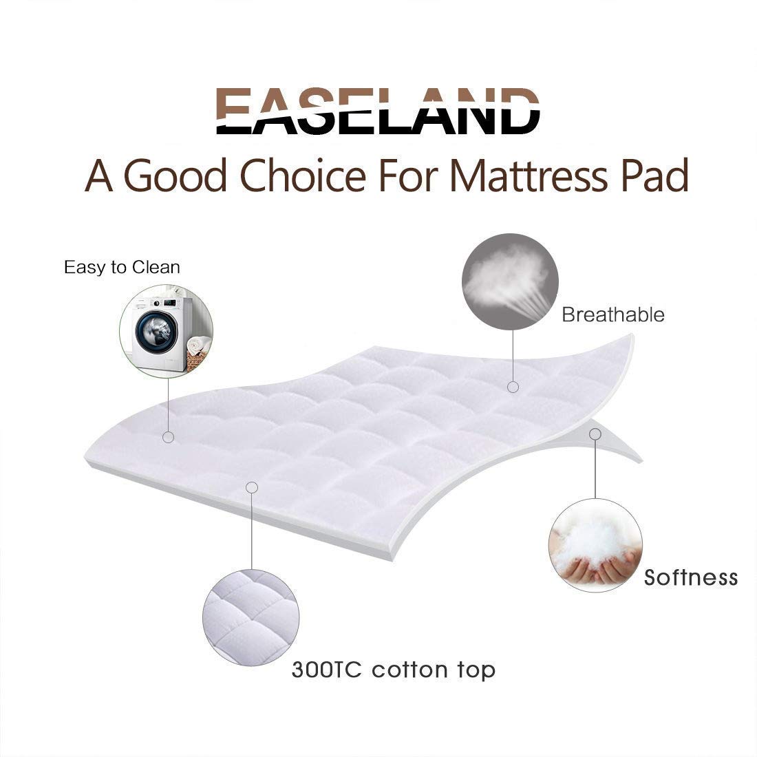 EASELAND Full Size Mattress Pad Pillow Top Mattress Cover Quilted Fitted Mattress Protector Cotton 8-21" Deep Pocket Cooling Topper (54x75 Inches, White) EASELAND