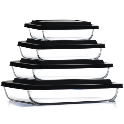 Nestl 4-Pack Glass Baking Dishes for Oven, Glass Food Storage Containers with Lids, Leakproof Casserole Dishes for Oven with Lid, Cooking, Microwave Oven Freezer Safe Bakeware, 9x13 Lasagna Pan Black