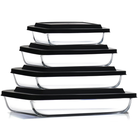 Nestl 4-Pack Glass Baking Dishes for Oven, Glass Food Storage Containers with Lids, Leakproof Casserole Dishes for Oven with Lid, Cooking, Microwave Oven Freezer Safe Bakeware, 9x13 Lasagna Pan Black Nestl
