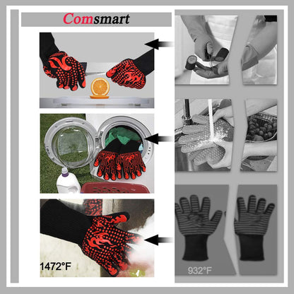 Comsmart BBQ Gloves, 1472 Degree F Heat Resistant Grilling Gloves Silicone Non-Slip Oven Gloves Long Kitchen Gloves for Barbecue, Cooking, Baking, Cutting