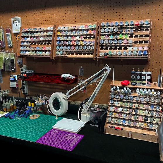 Plydolex Paint Organizer for 105 Paint Bottles and 14 Brushes - Paint Holder with 6 Miniature Stands - Paint and Brush Storage for Miniature Paints Plydolex