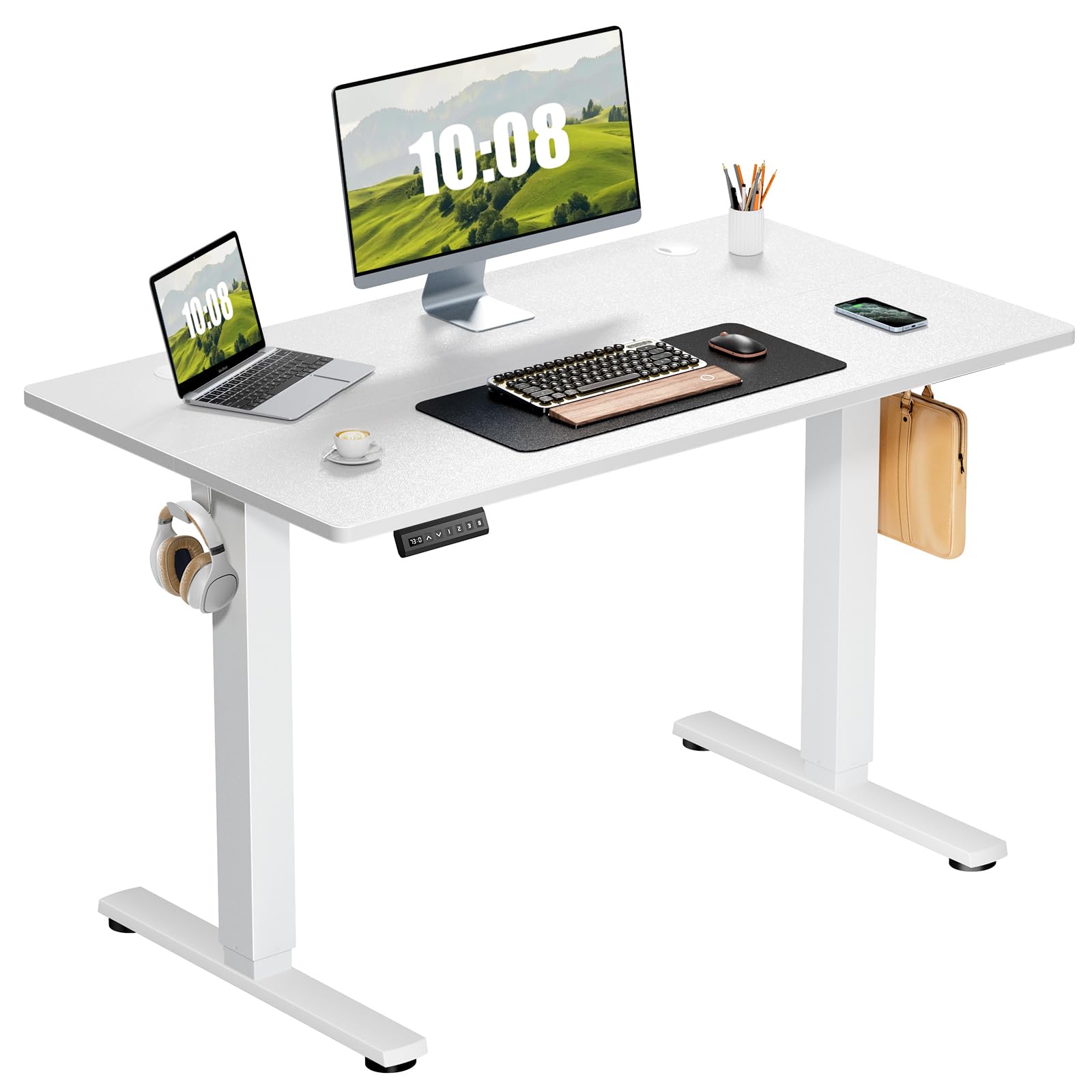 Sweetcrispy Electric Adjustable Height Standing Desk - 40 x 24 inch Sit to Stand Up Desk with Splice Board, Rising Home Office Computer Table with 2 Hook and Wire Hole for Work - WoodArtSupply