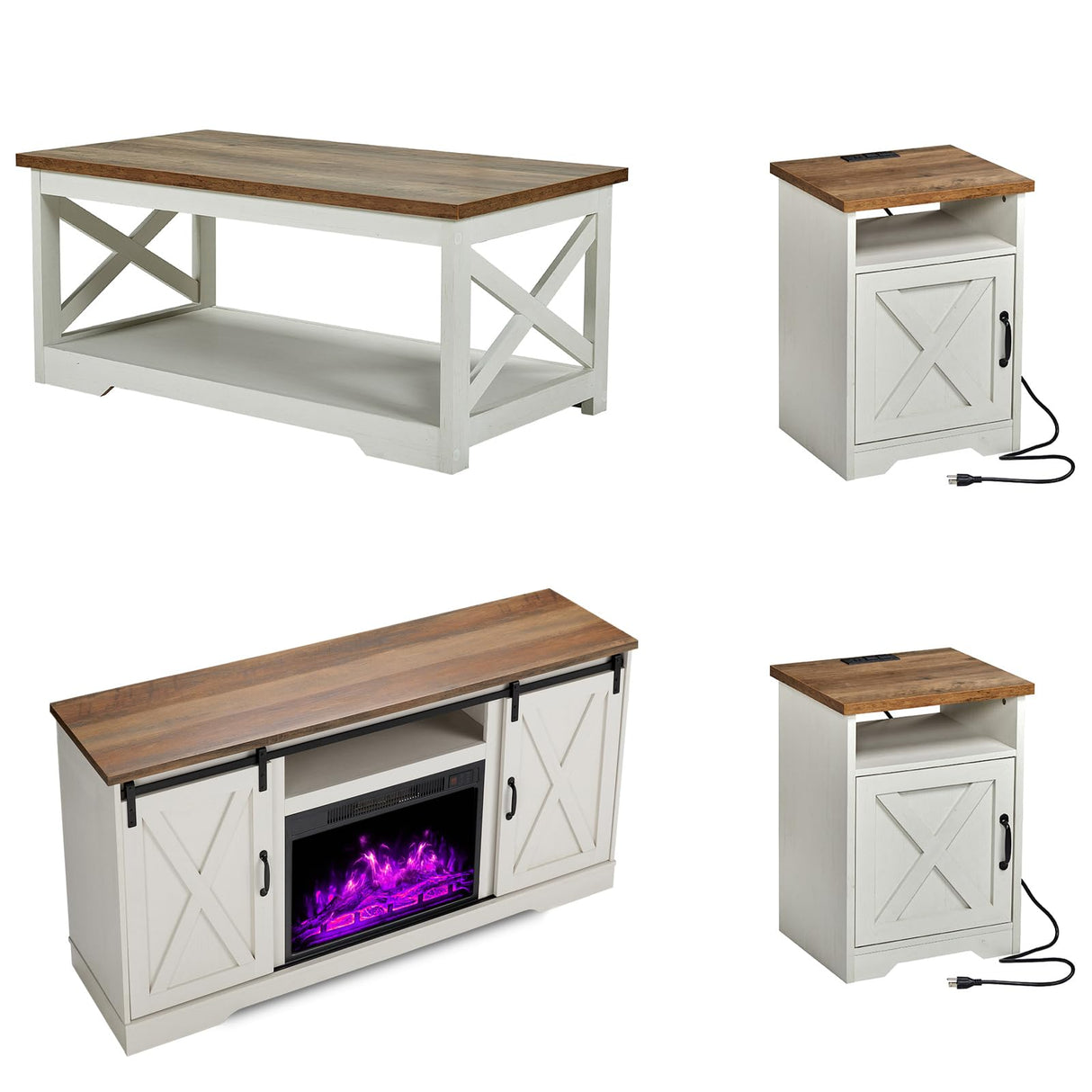 AMERLIFE 5-Piece Farmhouse Table Set Includes Fireplace TV Stand, Coffee Table& Two End Tables with Charging Station and USB Ports, for Living Room, Distressed White, 63" AMERLIFE