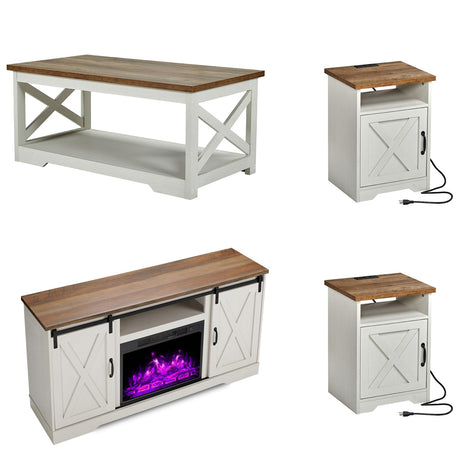 AMERLIFE 5-Piece Farmhouse Table Set Includes Fireplace TV Stand, Coffee Table& Two End Tables with Charging Station and USB Ports, for Living Room, Distressed White, 63" AMERLIFE