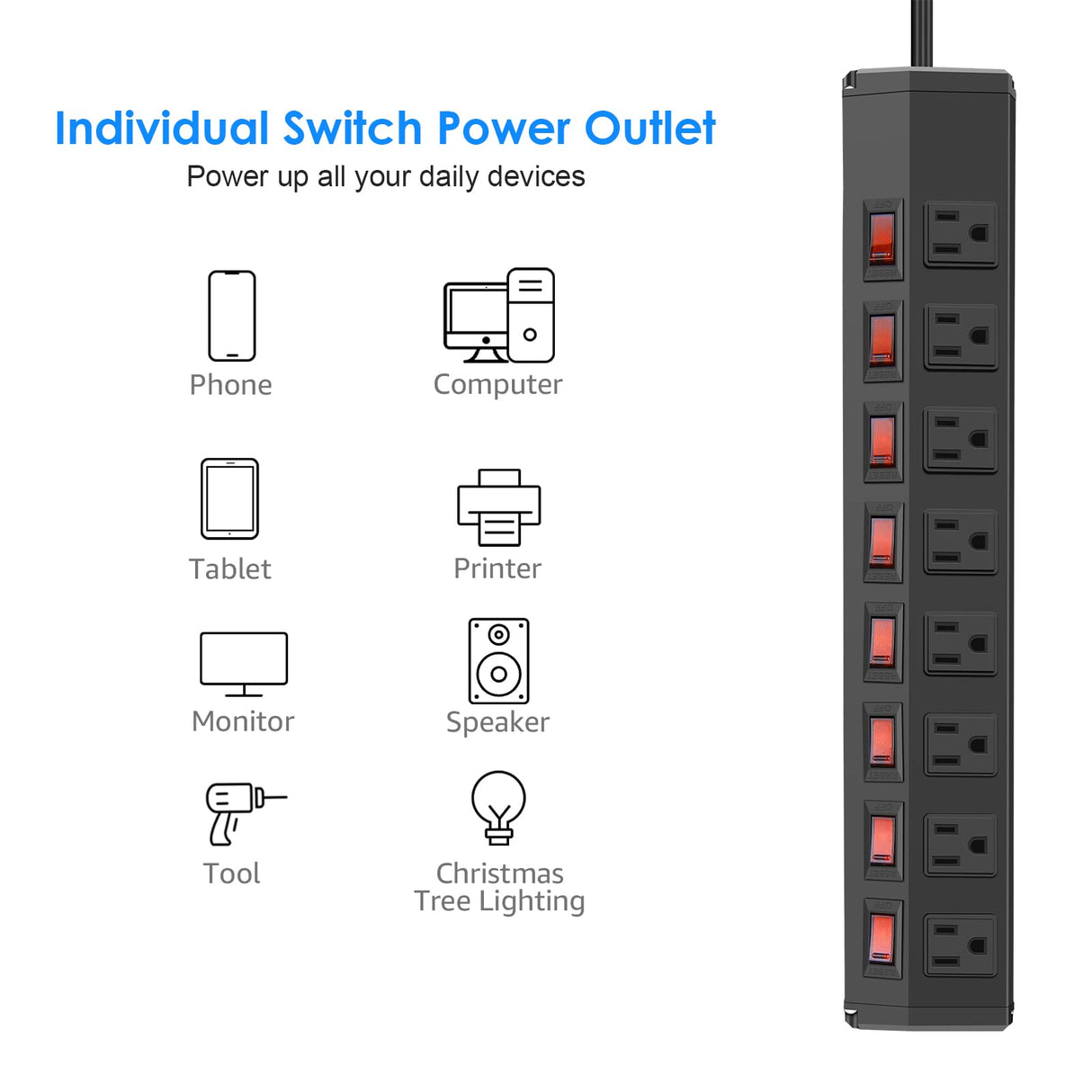 8 Outlet Heavy Duty Power Strip with 8 Individual Switches,Moutable Metal Power Strip Surge Protector 1200 Joules,6FT 14AWG Extension Cord,15A 1800W 125V 60Hz ANNQUAN