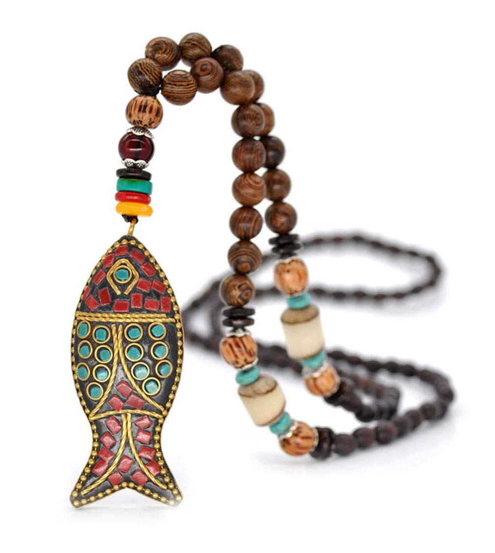 Fish Long Necklace Handmade Turquoise Wood Beads Necklace for Women Fashion Jewelry (Fish pendant) Tanyoyo