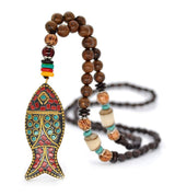 Fish Long Necklace Handmade Turquoise Wood Beads Necklace for Women Fashion Jewelry (Fish pendant) Tanyoyo