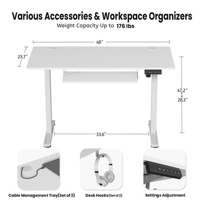 CROWNFURN Electric Standing Desk with Keyboard Tray, Adjustable Height Stand Up Desk for Home Office, 48x24 Inches Sit Stand Desk Computer Workstation, White Frame & Desktop - WoodArtSupply