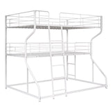 JIJIWANG Full XL Over Twin XL Over Queen Size Triple Bunk Bed with Long and Short Ladder, Unique Curved Metal Frame with Safety Guardrail, Industrial Style Triple Bunk Bed Frame, White JIJIWANG