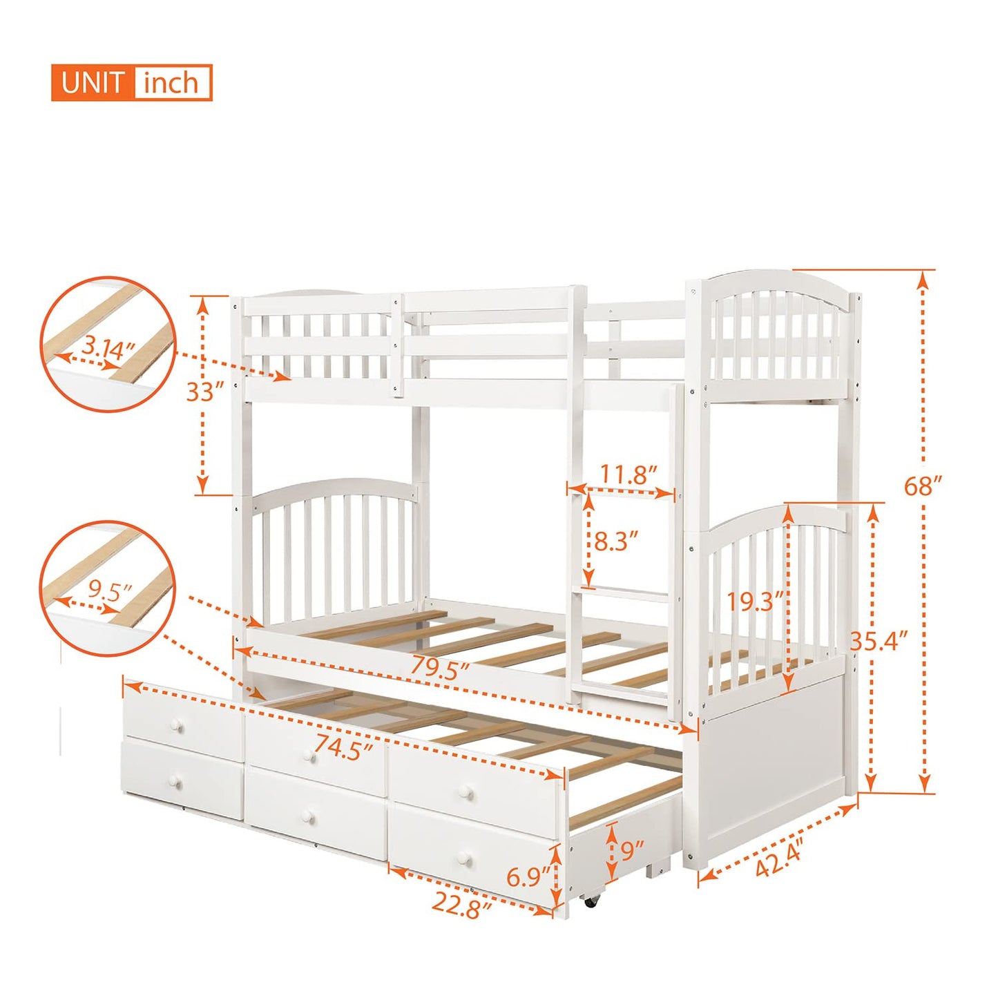 Harper&Bright Designs Twin Over Twin Bunk Bed with Twin Trundle, 3 Storage Drawers, Safety Rail, and Removable Ladder, Can be Separated into 3 Bed, White