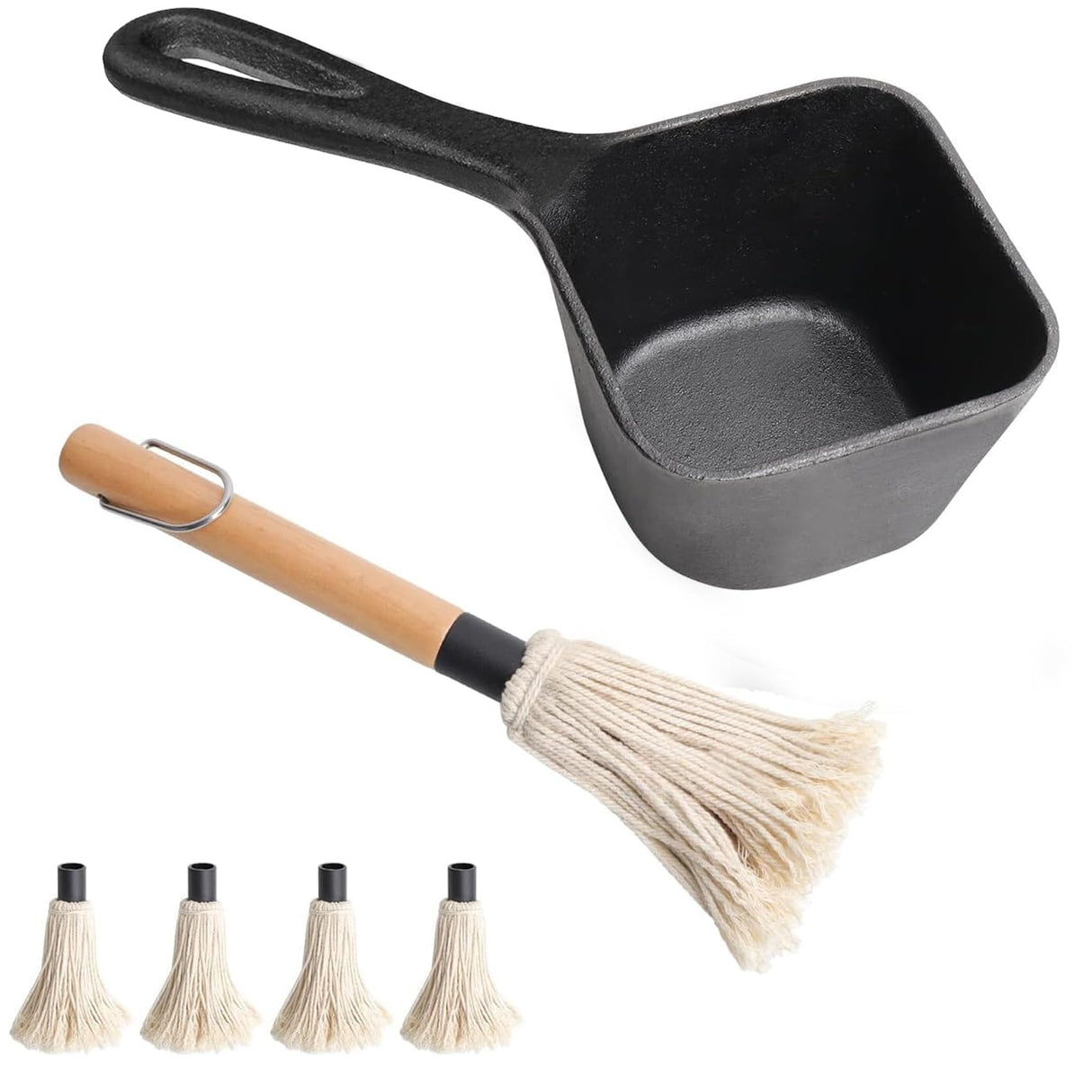 SafBbcue Cast Iron BBQ Sauce Pot and Mop Brush Set,Barbecue Cooking Accessories Heat Preservation Heavy Basting Pot & Mop with 4Pcs Heads for Big Green Egg Grill Grilling,Heavy Pot Gifts for Griller SafBbcue