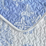 Flysheep Reversible Quilt Set Full Queen Size, 3 Pieces White Blue Botanical Floral Printed Summer Bedding Set, Soft Microfiber Lightweight Bedspread/Coverlet for All Season - 92"x90" Flysheep