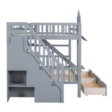 Harper & Bright Designs Full Over Full Bunk Bed with Slide and Stairs, Castle Style Bunk Beds with Storage Drawers and Shelves, Wooden Loft Bunk Bed Frame for Kids, Teens, Boys & Girls (Gray) Harper & Bright Designs