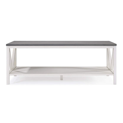 Walker Edison Modern Farmhouse Distressed Wood Rectangle Coffee Table Living Room Ottoman Storage Shelf, 49 Inch, Grey and White - WoodArtSupply