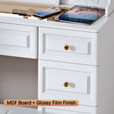 Arulvmrn 42" Makeup Vanity Desk with Mirror and Lights, & Power Outl, Glass Top Big Vanity Table with 9 Drawers& 8 Storage Shelves, Dressing Table Set with Chair for Bedroom, White Arulvmrn