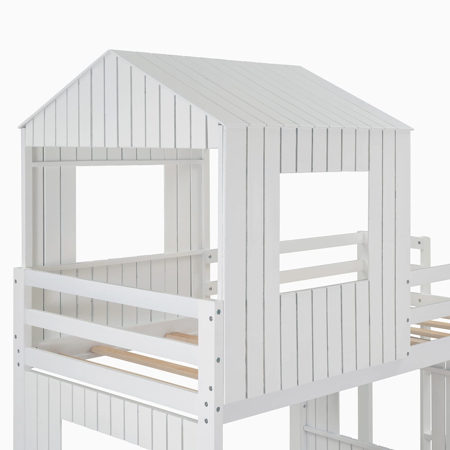 House Bunk Bed Twin Over Full with Playhouse Design for Kids - White Wood Frame by Harper & Bright Designs - WoodArtSupply