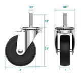 HOLKIE Caster Wheels 3 inch with No Brake Stem Casters, 3/8" -16 x 1-1/2" (Stem Diameter 3/8", Stem Length 1-1/2") Threaded Swivel Casters Set of 4 Heavy Duty Castors Black HOLKIE