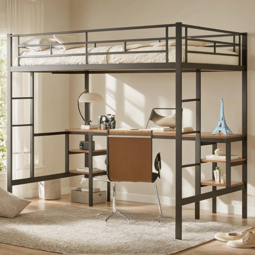 LINKHOO Twin Size Loft Bed with Table & Shelves, Heavy-Duty Metal Bed Frame with 2 Side Ladders, Safety Guardrail for Guest Room, Bedroom, No Box Spring Needed, Black LINKHOO