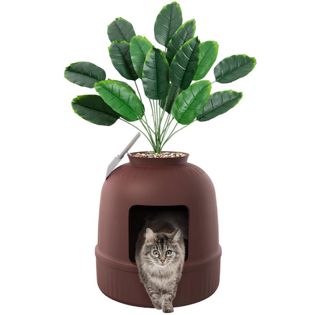 Lifewit Litter Box with Faux Plant & Scoop for Large Cat, Hidden Corner Enclosure Litter Tray with Odor Control & Carbon Filter in Living Room/Bedroom/Bathroom, Brown Lifewit