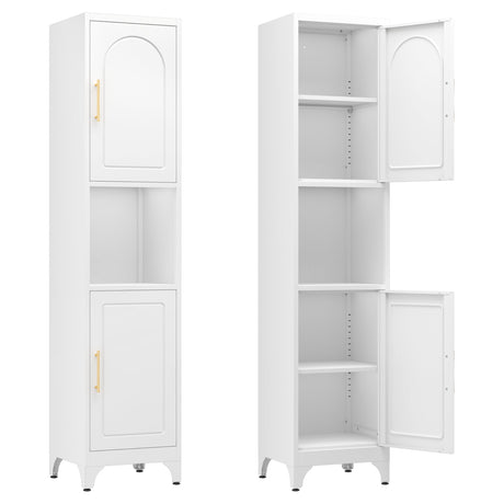 SteeLoong Tall Narrow Bathroom Cabinet with 2 Doors and Adjustable Shelves，75" White Metal Corner Storage Cabinets for Bathroom, Living Room, Entryway, Kitchen SteeLoong