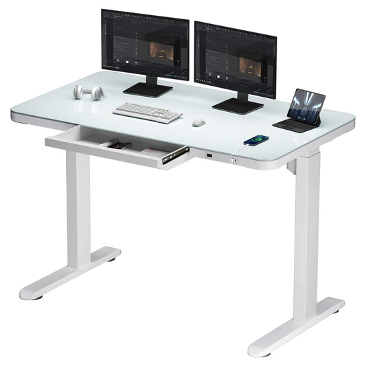 ADOFFUR Glass Standing Desk with Drawer, Electric Height Adjustable Home Office Desk with USB Ports,Sit Stand Up Desk with Tempered Glass Top, Memory Presets - White