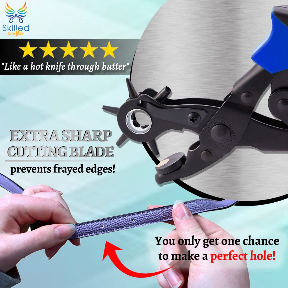 Leather Hole Punch & Belt Hole Puncher Easily Punches Perfect Round Holes. Bonus Ruler & Awl Tool. Leather Craft Tool for Watch or Bag Strap, Fabric, Eyelet - Precision Crafting & Professional Results Skilled Crafter