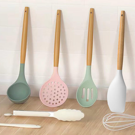 Silicone Cooking Utensils Set - 446°F Heat Resistant Silicone Kitchen Utensils for Cooking,Kitchen Utensil Spatula Set w Wooden Handles and Holder, BPA FREE Gadgets for Non-Stick Cookware (Colorful) oannao