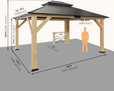 AMERLIFE 13x15 Spruce Wood Gazebo, Hardtop Gazebo with Double Iron Roof & Storage bar, Outdoor Paviloin with Wood Frame for Patio, Parties, Garage, Lawns AMERLIFE