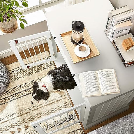 PUKAMI 44inch Large Dog Crate Furniture with Drawers, Wooden Dog Kennel Furniture for Indoor use, White End Table Dog House, for Small/Medium/Large Dog PUKAMI