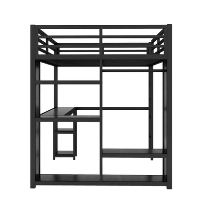 SOFTSEA Queen Size Loft Bed with Desk and Storage Wardrobe, Heavy Duty Metal Loft Bed with Storage Shelves and Open Wardrobe for Adults, Kids, Teens, Space Saving, Black